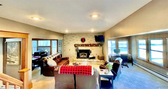 living room featuring lofted ceiling, baseboard heating, and recessed lighting