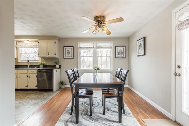 dining room featuring light wood-style floors, baseboards, and a ceiling fan