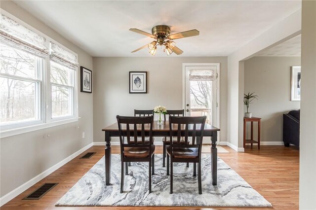 dining space with light wood finished floors, visible vents, and baseboards