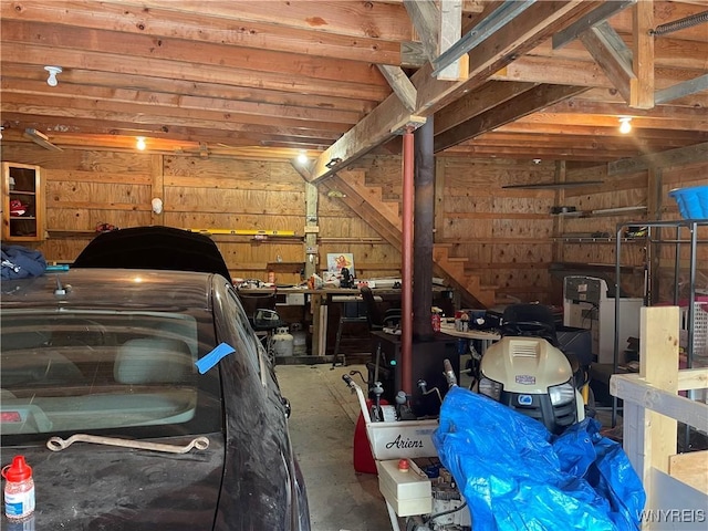 garage with wooden walls