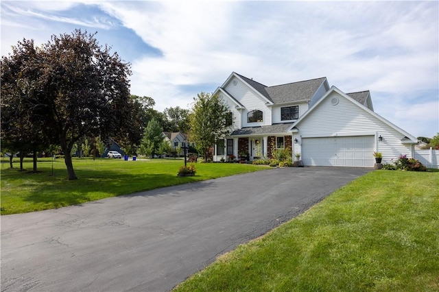 traditional home with a front yard, driveway, and an attached garage