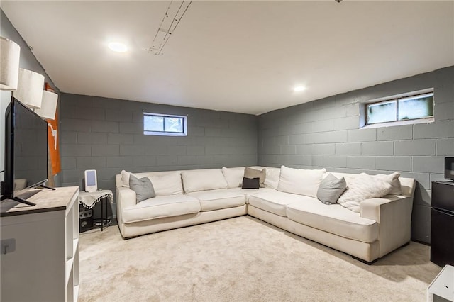 living room with light colored carpet, concrete block wall, and a healthy amount of sunlight