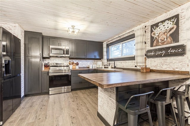 kitchen featuring light wood-style flooring, a peninsula, wood ceiling, a kitchen breakfast bar, and appliances with stainless steel finishes