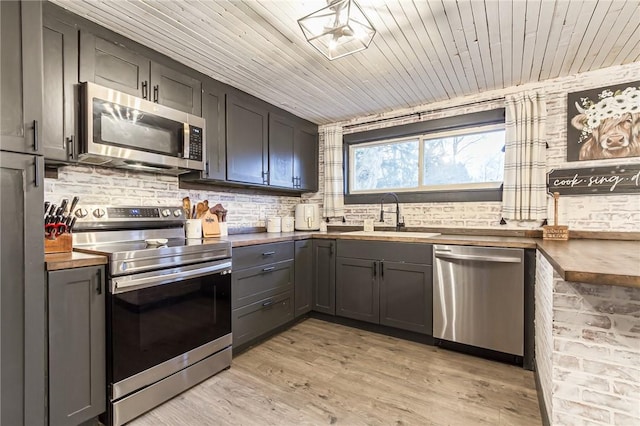 kitchen with wood ceiling, light wood-style flooring, appliances with stainless steel finishes, and a sink