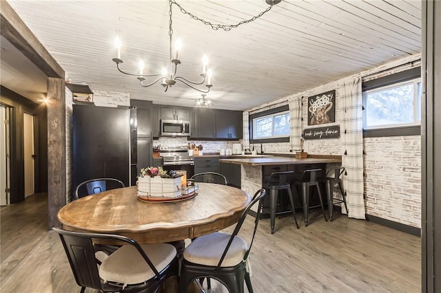 kitchen featuring light wood-type flooring, wooden ceiling, appliances with stainless steel finishes, and a wealth of natural light