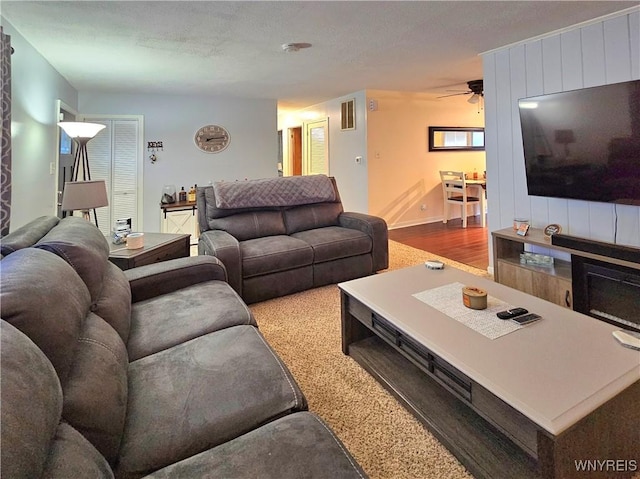 living area featuring a textured ceiling and wood finished floors