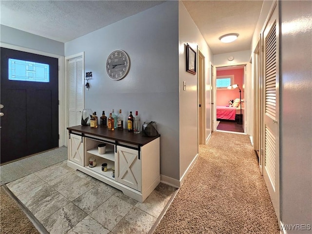 foyer featuring a healthy amount of sunlight, baseboards, a textured ceiling, and light colored carpet