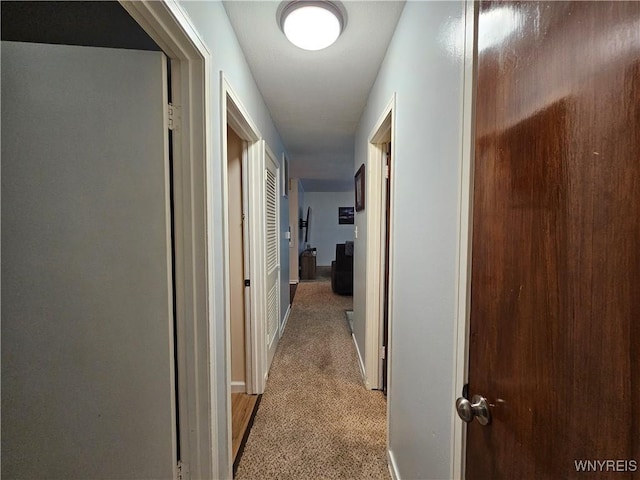 hall with baseboards and light colored carpet