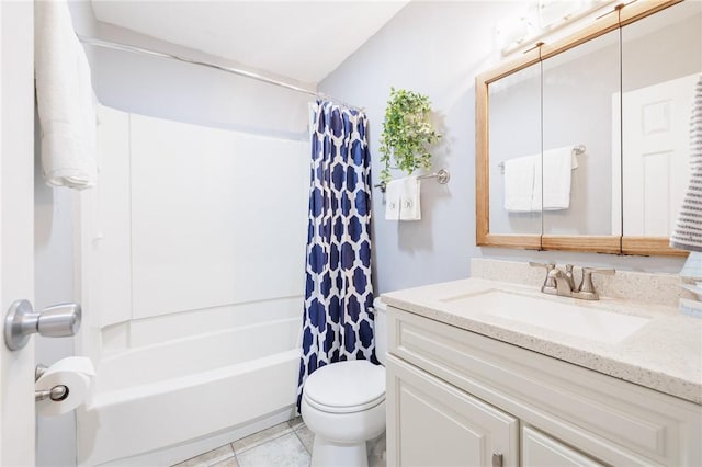 full bath featuring shower / bath combination with curtain, vanity, toilet, and tile patterned floors