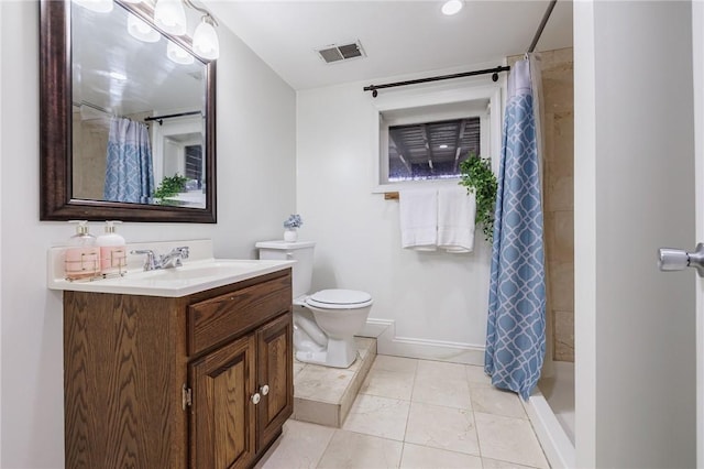 bathroom featuring visible vents, toilet, a shower with curtain, tile patterned flooring, and vanity