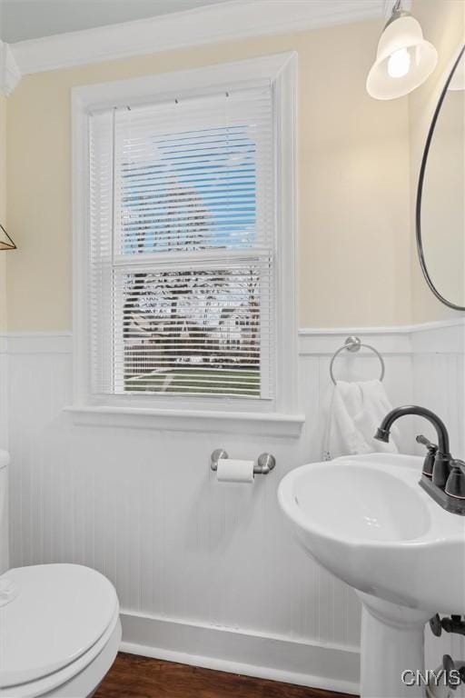 half bathroom featuring a wainscoted wall, crown molding, toilet, and wood finished floors