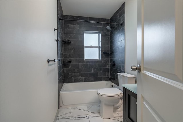 full bathroom featuring marble finish floor, vanity, toilet, and shower / bathtub combination