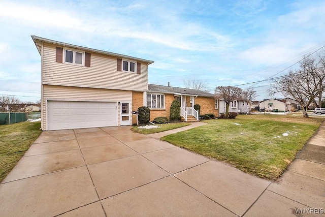 view of front of home featuring a garage, concrete driveway, brick siding, and a front yard