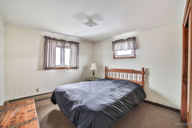 bedroom featuring carpet, a baseboard radiator, and crown molding