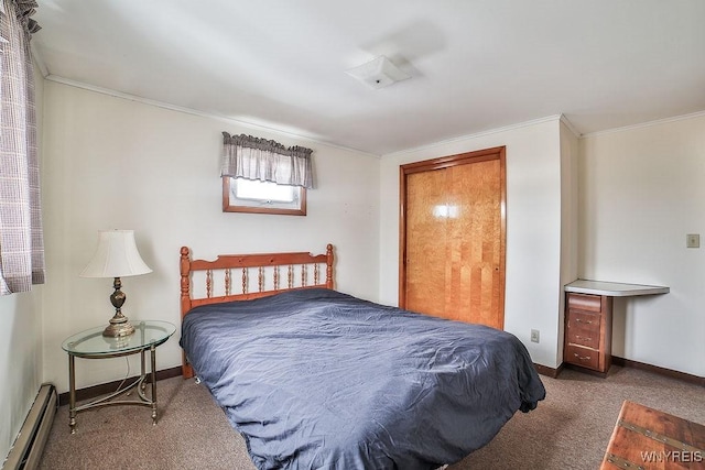 bedroom with carpet floors, baseboards, baseboard heating, and crown molding