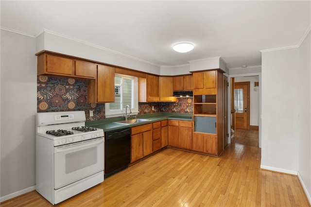 kitchen featuring brown cabinets, a sink, white gas stove, and dishwasher