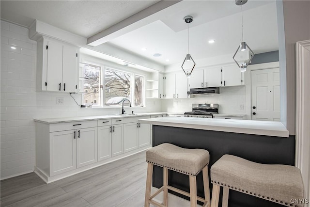 kitchen featuring light countertops, a sink, stainless steel range with electric stovetop, and under cabinet range hood