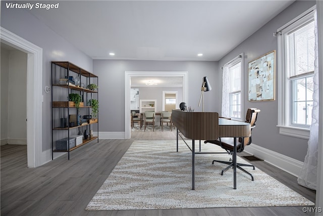 office area featuring recessed lighting, visible vents, baseboards, and wood finished floors