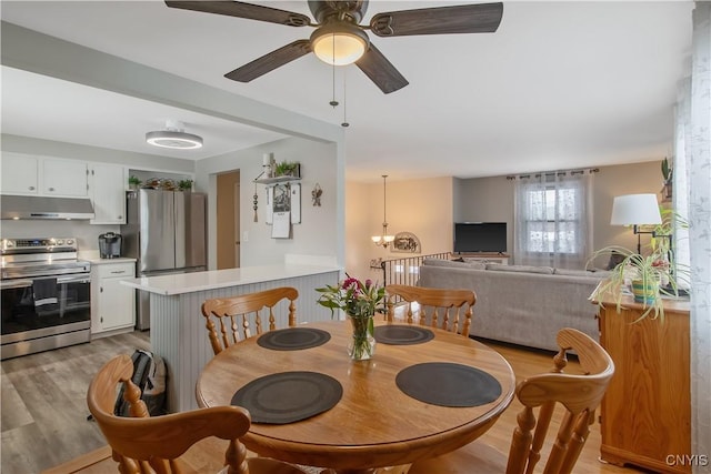 dining room with light wood finished floors and ceiling fan with notable chandelier