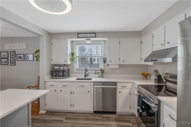 kitchen with appliances with stainless steel finishes, white cabinets, a sink, and under cabinet range hood