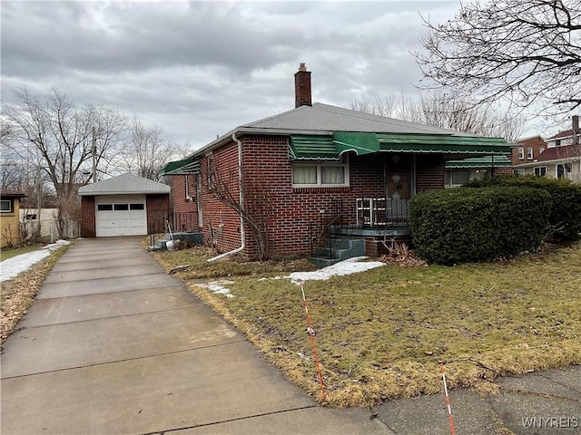 view of front of home featuring a garage, brick siding, an outdoor structure, concrete driveway, and a chimney