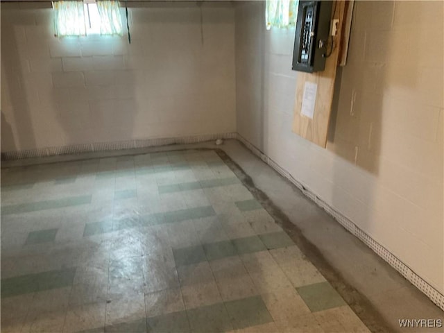 basement with electric panel and concrete block wall