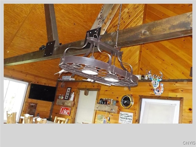 interior details featuring beamed ceiling and wooden walls