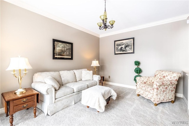 living room featuring baseboards, crown molding, and carpet flooring