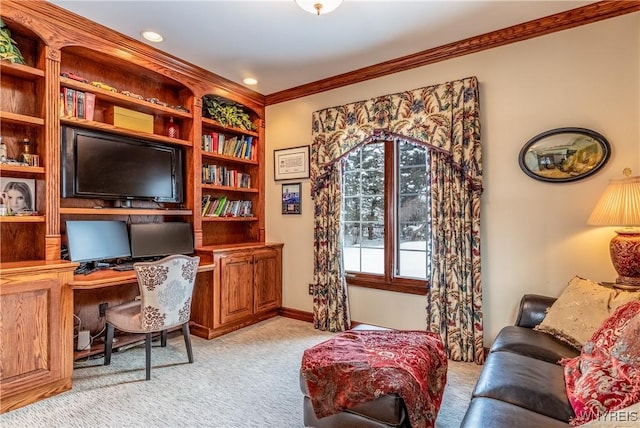 office with light carpet, baseboards, built in study area, and crown molding