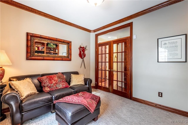 living area with french doors, ornamental molding, carpet flooring, and baseboards