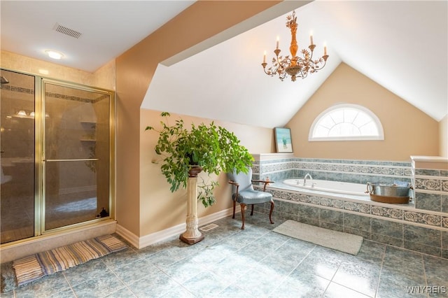 full bath with lofted ceiling, a garden tub, visible vents, baseboards, and a stall shower