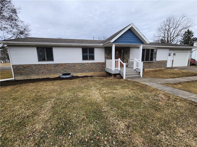 single story home with an attached garage, stone siding, driveway, and a front lawn