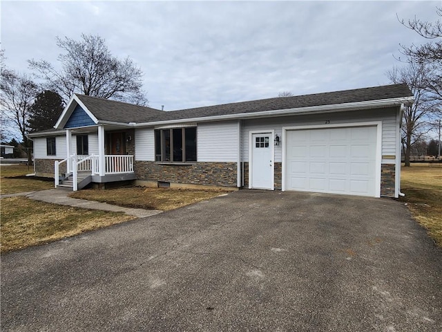 single story home featuring a garage, stone siding, driveway, and a shingled roof