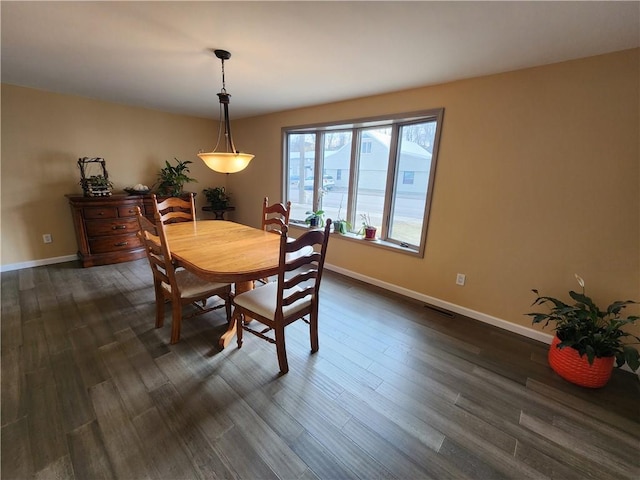 dining area with visible vents, dark wood finished floors, and baseboards