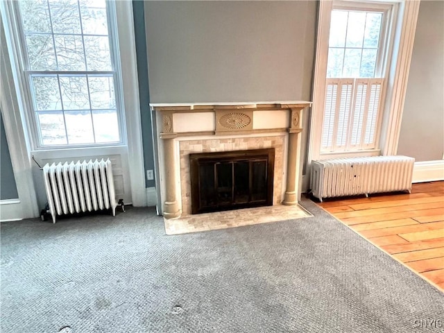 unfurnished living room with a fireplace with flush hearth, a wealth of natural light, and radiator