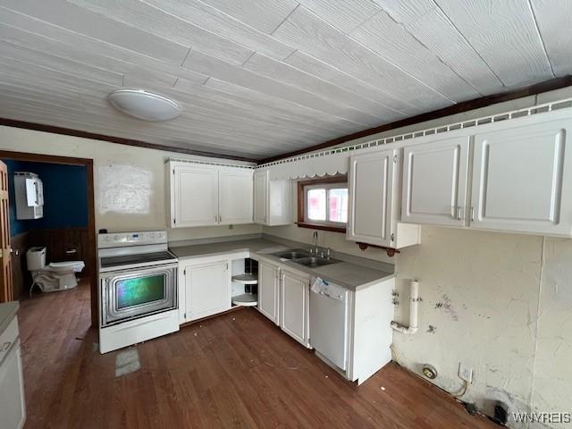 306 Plank Rd, Lockport-City, NY 14094 - kitchen featuring electric stove, dishwasher, white cabinets, a sink, and dark wood-style flooring
