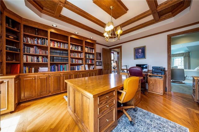 office space featuring light wood-style floors, coffered ceiling, a notable chandelier, and ornamental molding