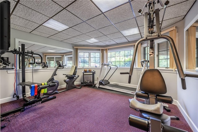 workout area featuring a drop ceiling, carpet flooring, and baseboards