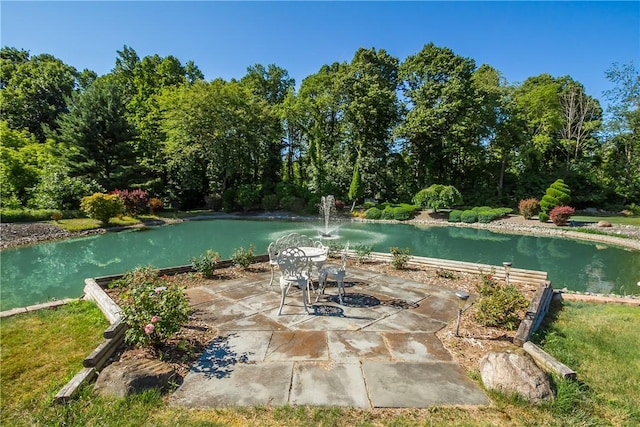 view of swimming pool featuring a water view and a patio