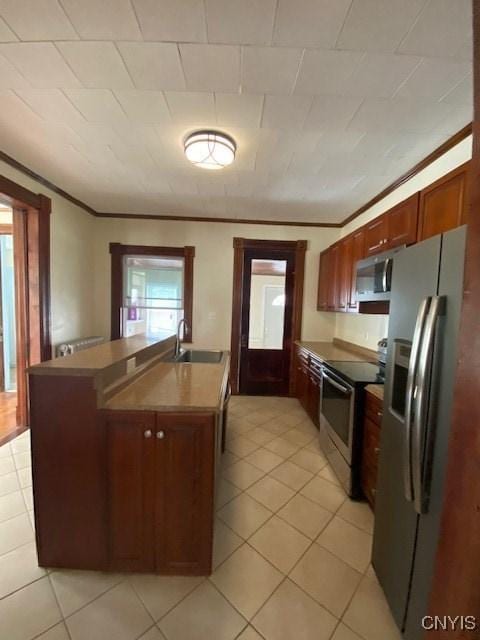 kitchen with a wealth of natural light, appliances with stainless steel finishes, a sink, and ornamental molding