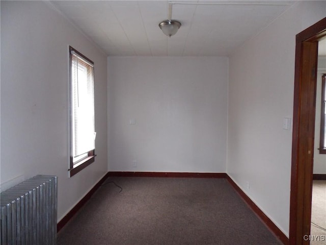 empty room featuring radiator heating unit, carpet flooring, and a wealth of natural light