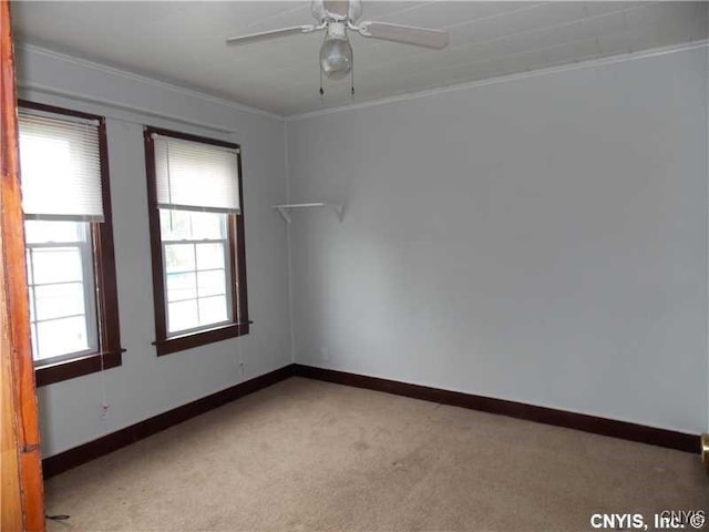 spare room featuring a ceiling fan, baseboards, crown molding, and light colored carpet