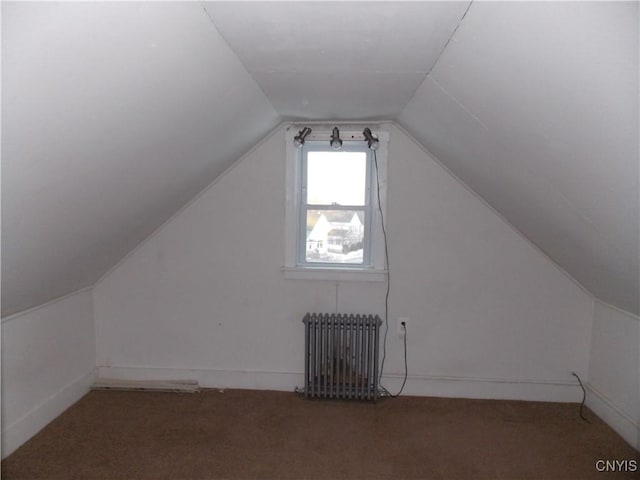 additional living space featuring vaulted ceiling, radiator heating unit, and carpet flooring