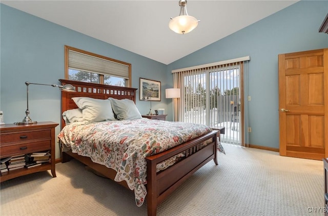 bedroom featuring vaulted ceiling, baseboards, carpet flooring, and access to exterior