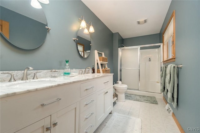 bathroom with double vanity, a stall shower, visible vents, toilet, and a sink