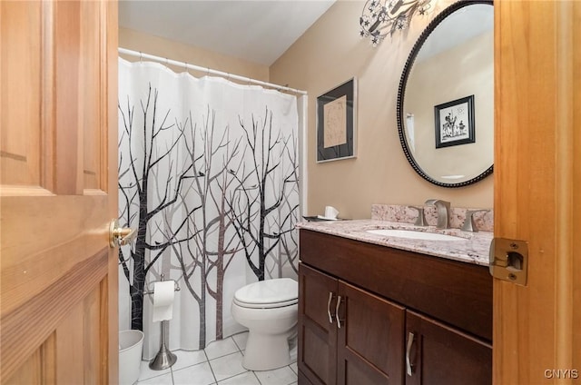 bathroom featuring a shower with shower curtain, tile patterned flooring, vanity, and toilet