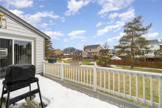 view of patio with a residential view, fence, and area for grilling