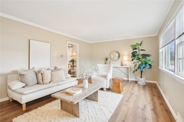 living area with crown molding, baseboards, and wood finished floors