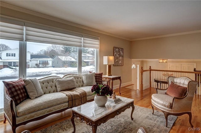 living area featuring crown molding and light wood finished floors