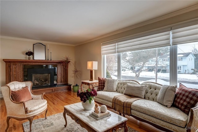 living room with ornamental molding, wood finished floors, and a glass covered fireplace